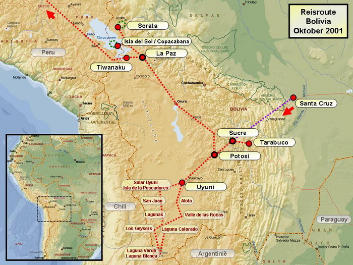 Travel route / Map In 2001 I have travelled through Bolivia and Peru for 6 weeks. The first 3 weeks in Bolivia we travelled around with a small group of KrisKras. We explored the old colonial towns like Sucre, Potosi and La Paz and we visited the pre Inca location Tiwanaku. And then we started a wonderful four-day jeep trip from Uyuni along salt plains, lakes, volcanoes, geysers,... Finally we made a trip to some picturesque islands in lake Titicaca and finally we made a three-day trekking from Sorata up to 5038 m. Stefan Cruysberghs